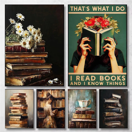 Vintage Elegant Lady Reading Stack of Books Motivational Quotes Poster Canvas Painting Wall Art Picture Room Home Decor