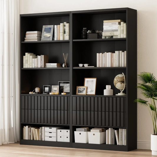 6-Tier Bookshelf and Bookcase Set of 2, 70.9" Tall Modern Bookcase with 2 Fluted Drawers and Adjustable Shelves, Black Book Shel